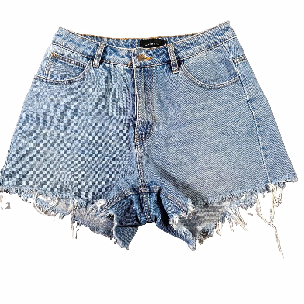 RPM MFG CO Denim Shorts Womens Size 10 High Waisted Distressed Frayed Raw Hem